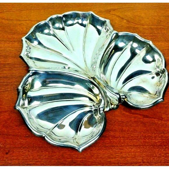 Vintage Silver Plated Divided Leaf Serving Plate With 3 Sections With Handle - Picture 1 of 8